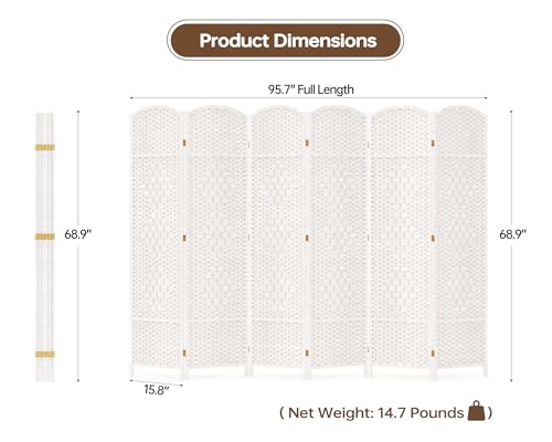 Duraspace 6 Panels Room Divider 6 FT Tall Weave Fiber Privacy Screen Freestanding Double Hinged Folding Screen Extra Wide Room Dividers for Patio Privacy (Off White) DURASPACE