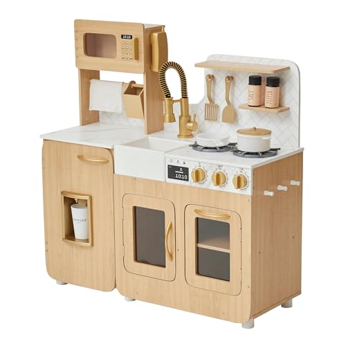 Teamson Kids Little Chef Cyprus Medium Wooden Play Kitchen with Interactive, Realistic Features, and 14 Kitchen Accessories for 3yrs and up, Light Oak/Faux White Marble/Gold Teamson Kids