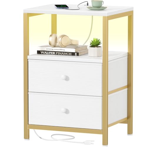 BOLUO Gold Nightstand with Charging Station, LED Night Stand with 2 Fabric Drawers, Bedside Table with USB Ports and Outlets, Nightstand for Bedroom Modern BOLUO