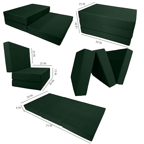 D&D Futon Furniture Hunter Green Twin Size Shikibuton Trifold Foam Beds, Folding Ottoman Mattresses, High Density Foam, 75 x 39 x 6 in Thick D&D Futon Furniture