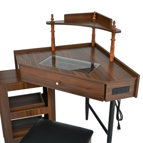 Corner Vanity Desk Set with Storage Stool, Charging Station, Removable Cabinet, Glass Tabletop & Jewelry Organizer, Triangle Makeup Desk for Bedroom (Walnut, 29") Generic