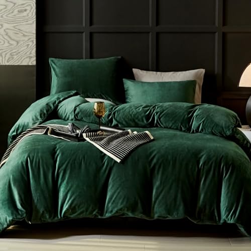 WARMDERN Emerald Green Flannel Velvet Duvet Cover King Size Duvet Cover Bedding Sets, 3pcs Ultra Soft Luxury Textured Modern Crystal Velvet Duvet Covers with Zipper Closure(Emerald Green, King) WARMDERN