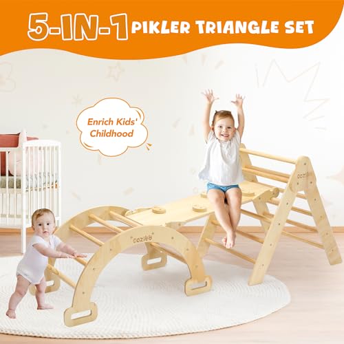 CoziBB Pikler Triangle Set, 5 in 1 Wooden Montessori Climbing Toys Baby Indoor Playground Gym, Foldable Indoor Climbing Toys with Ramp, Arch Climber, Baby Climbing Toys for Toddlers 1-3 Inside CoziBB