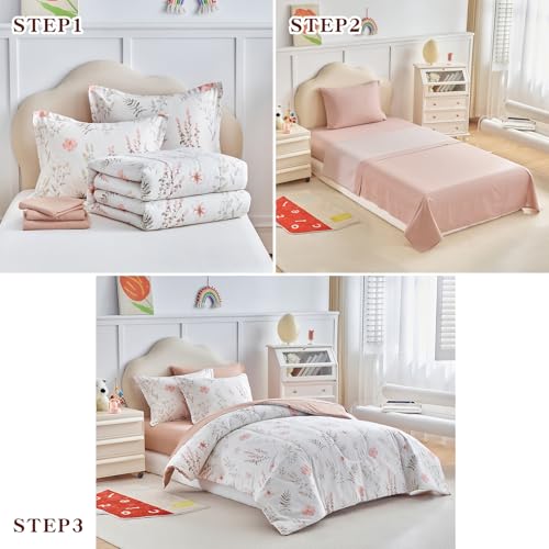 Joyreap 7pcs Cotton Comforter Sheet Set for Girls, Queen Size Bed in a Bag, Pink Flowers n Leaves Botanical Design, Soft n Cozy Kids Bedding Comforter Set for All Season- 88x88 inches Joyreap