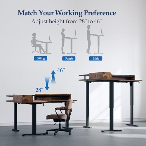 Klicelor L Shaped Standing Desk with Shelf, 63 x 55 inch Height Adjustable Corner Desk, Sit-Stand Workstation with Memory, 264lbs Load Capacity, Rustic Brown Klicelor