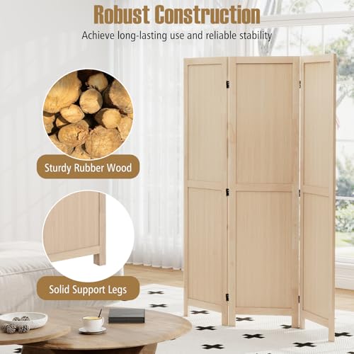 COSTWAY 3 Panel Folding Room Divider, 67" Rubber Wood Privacy Screen for Room Separation, Freestanding Hinged Partition Wall Divider for Bedroom, Living Room, Kitchen, Home Office, Restaurant COSTWAY