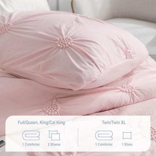 Swift Home Twin/Twin XL Baby Pink Rose Blush Comforter Set - Ruched 3D Floral Pintuck Bedding Set - 2 Pieces Bed Linen, 1 Comforter and 1 Pillow Sham Swift Home