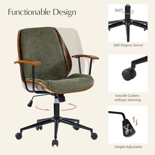 HULALA HOME Solid Wood Office Chair with Rocking Function, Comfy Fabric Desk Chair with Bent Wood and Metal Base, Height Adjustable Swivel Computer Task Chair, Green HULALA HOME