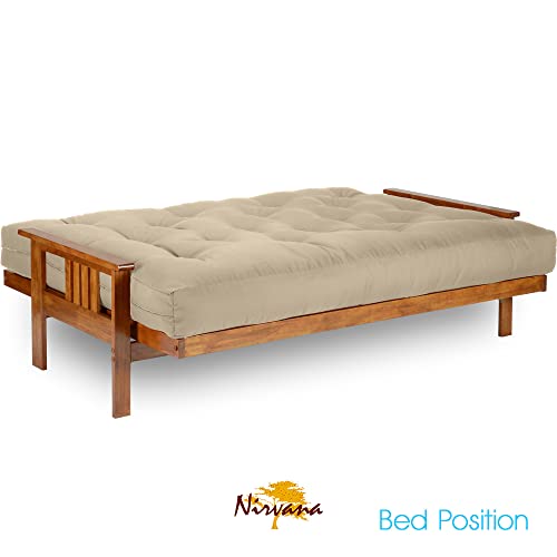 Nirvana Futons Stanford Futon Set - Queen Size, Frame, 8" Mattress, Twill Khaki Tan Cover Nirvana Futons