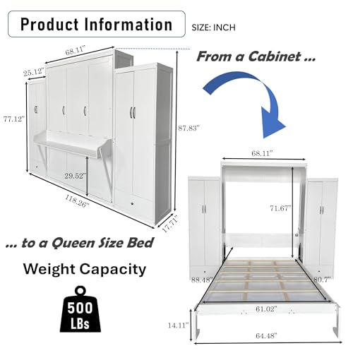 PVWIIK Queen Size Murphy Bed with 2 Wardrobe and Storage Drawer, for Adult,Girls,Boys,Solid Wood Cabinet Bed Frame/Multifunctional Hidden Wall Bed Cabinet,Space-Saving,No Box Spring Needed,White PVWIIK