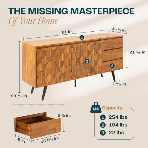 Bme Sideboard Georgina Solid Wood 2 Doors & 3 Drawers, 61'' Mid Century Modern Cabinet with Geometric Pattern for Kitchen, Dining, Living Room, Teak Bme