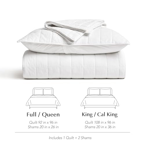 EVERGRACEHOME 100% Cotton Box Stitch Quilt Bedding Set King Size 3 Pieces, Garment-Washed Lightweight Soft Cozy Coverlet, Oversized Quilted Bedspread Sets with 2 Shams for All Season, Bright White EVERGRACEHOME