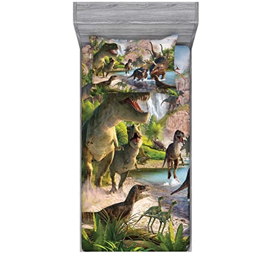 NiuOne Dinosaurs Bed Sheets Twin for Boys,3D Realistic Dinosaur Green Fitted Sheets Set Ancient Jungle Dinosaur Bed Sheet Kids Soft Microfiber Bedding Sheets Set,Twin Size(2pc) NiuOne