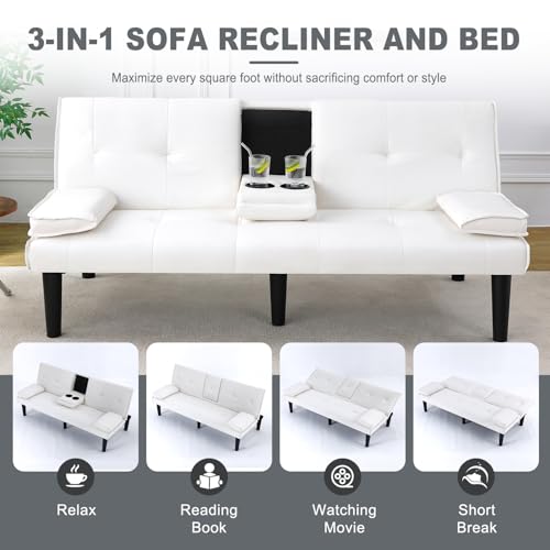 AnoYishev Futon Sofa Bed PU Leather Modern Convertible Futon Couch with Removable Armrests, Cup Holders, Loveseat Sleeper Sofa Bed for Living Room, Apartment, Small Spaces (White) AnoYishev