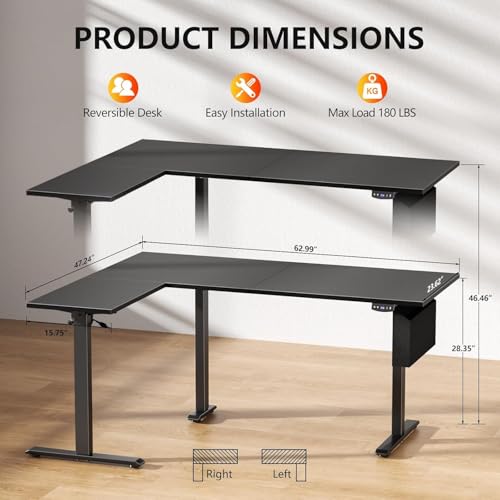 Korfile L Shaped Electric Standing Desk,63 Inch Adjustable Height Sit to Stand Corner Desk with Memory Presets, Reversible Computer Table for Home Office, Work and Study, Black Korfile