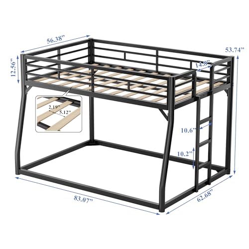 PVWIIK Metal Full XL Over Queen Bunk Bed w/Ladder and Safety Guardrail for Kids Teens Adults,Heavy-Duty Sturdy Bunk Bed,No Box Spring Needed,Black PVWIIK