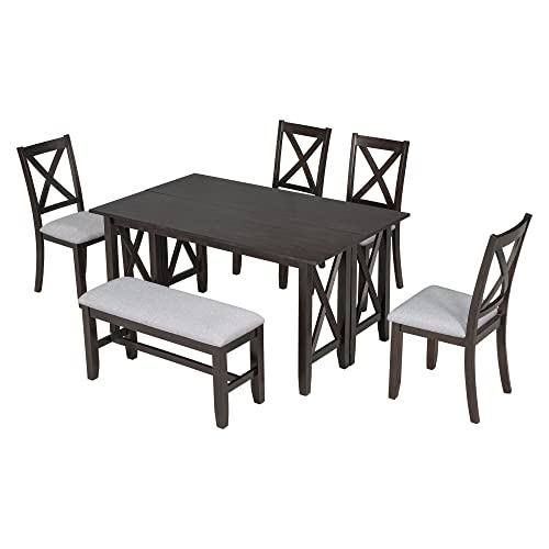 6 Pieces Dining Table Set with Bench, Wood Rectangle Table, 4 Chairs and Bench with Cushion, Kitchen Table Chairs Set for 6 Persons (Espresso) Merax