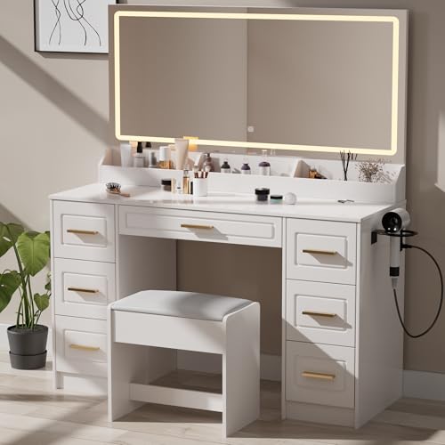 Homesflex Vanity Desk with Mirror and LED Lights, 43'' W Makeup Vanity Desk with Power Outlet, 3 Color Modes, 7 Drawers Vanity Table with Chair, Dressing Table for Bedroom, Dressing Room (White) Homesflex
