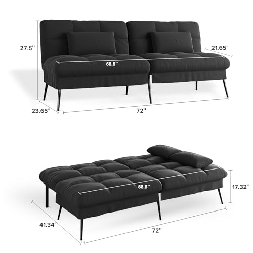 COMHOMA Convertible Sofa Bed,72″Fabric Couch with Adjustable Backrest,Loveseat Recliner Sleeper Living Room Furniture futon Set (Black) COMHOMA