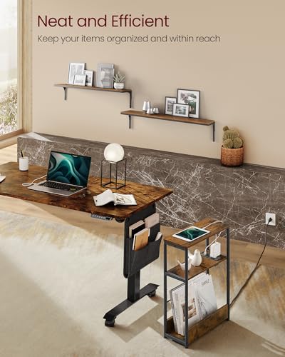 VASAGLE Side Table with Charging Station, Narrow End Table, 3-Tier Nightstand, Sofa Table for Small Spaces, Magazine Rack, for Living Room, Bedroom, Study, Rustic Brown and Ink Black ULET335K01 VASAGLE