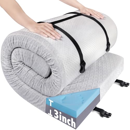 Memory Foam Camping Mattress Pad 3 Inch Thick, Portable Sleeping Pad with Waterproof Cover, Portable Roll Up Cot Mattress Pad Floor Mat for Travel Truck Bed Tent 72" x 24"x 3" Coldwind