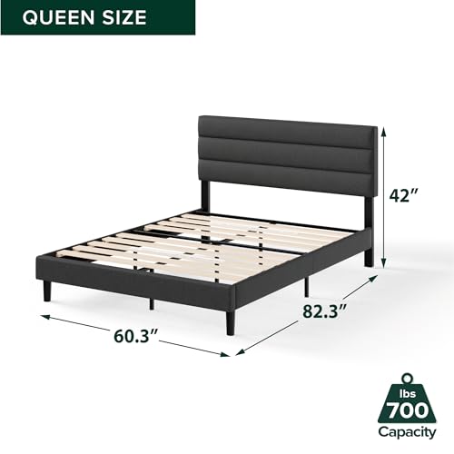 Zinus Queen Piper Upholstered Platform Bed with Horizontal Paneled Headboard, Wooden Slat Support, No Box Spring Needed, Easy Assembly, Eco Friendly Packaging, Dark Grey Zinus