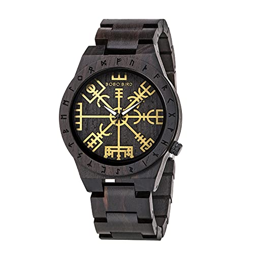 BOBO BIRD Handmade Wooden Mens Watch Unique Runic Circle Watches Golden Symbol of Vegvisir Watches Lightweight Fashion Quartz Wristwatch (Brown Black) BOBO BIRD