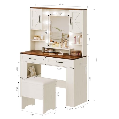 NUNU LAB Modern Makeup Vanity Desk with Mirror and Chair, Vanity Desk Set with Drawers, RGB Glass Cabinet and 3-Colour Hollywood Lights, White Vanity Table with Charging Station for Women Girls NUNU LAB