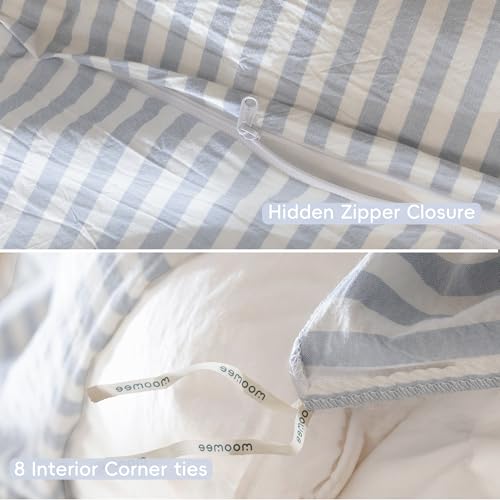 MooMee Striped Duvet Cover Set 100% Washed Cotton Linen Like Textured Breathable Durable Soft Comfy (Cornflower Blue White Classic Stripes, King 104"x90") MooMee