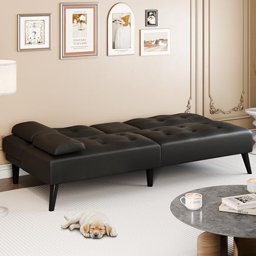 Meilocar 64" Futon Sofa Bed, Small Loveseat with 2 Cup Holders, Small Couch with 3 Adjustable Angles & Removable Armrest, Modern Sleeper Sofa for Apartment, Office (PU Leather, Black) Meilocar