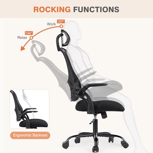 Sweetcrispy Office Computer Desk Chair, Ergonomic High-Back Mesh Rolling Work Chairs with Wheels and Adjustable Headrests, Comfortable Lumbar Support, Comfy Flip-up Arms for Home, Bedroom, Study,Black Sweetcrispy
