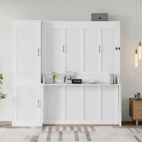 ZMAD Queen Size Wood Murphy Bed with Wardrobe,Space-Saving Hidden Wall Bed with Desk,Gas Struts,Charging Station,White ZMAD