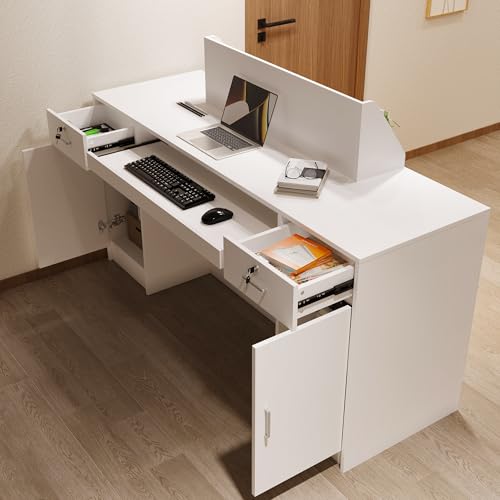 AIEGLE 61" Reception Desk with LED Lights & Lockable Drawers, Check Out Counter w/Cabinet & Display Shelves, Modern White Front Reception Desk w/Keyboard Tray for Lobbies, Salons, Retail AIEGLE