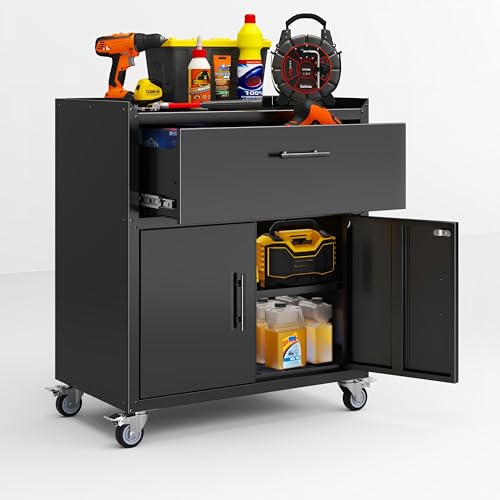 Metal Storage Cabinets Locker with Shelves and Drawer, Metal Rolling Storage Cart, Adjustable Shelf, Tool Organizer for Garage Warehouse, Black, 35" H x 30" W x 18" D Metallitrend