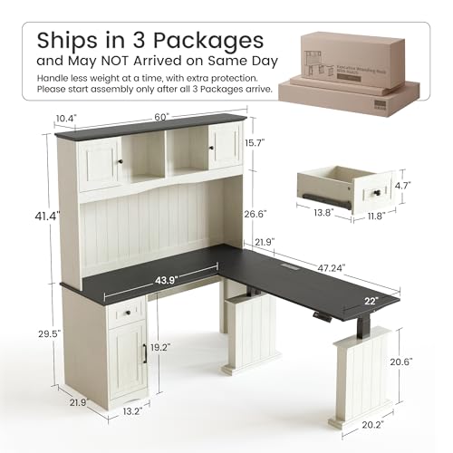 FEZIBO 60" L Shaped Executive Standing Desk with Hutch and Storage Cabinet, Farmhouse Standing Desk with Charging Station, Reversible Home Office Workstation, Antique White FEZIBO
