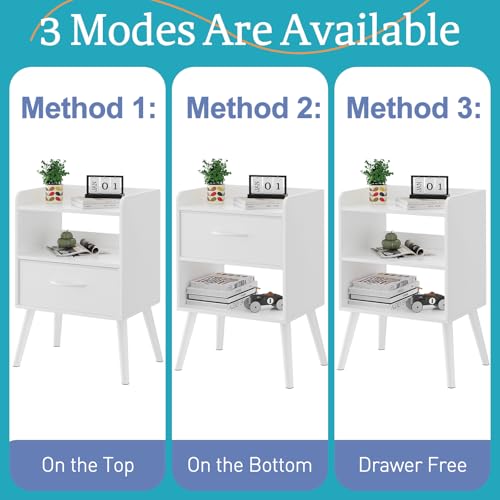 White Nightstand with Open Shelf,Small Night Stand Bedroom Bedside Table with Drawer Storage,Side Table End Table with Solid Wood Feet,Mid Century Night Stands for Office Home Sofa Couch(White) Huhote