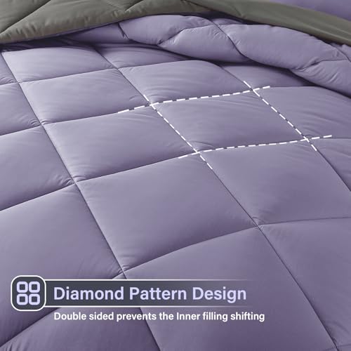 Cosybay Bed in a Bag Queen Reversible Comforter Sets 7pcs All Season Down Alternative Bedding Sets Lavender and Grey with Comforter, Pillow Shams, Flat Sheet, Fitted Sheet and Pillowcase Cosybay