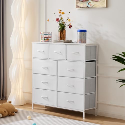 DUMOS Dresser for Bedroom, Storage Drawers, Fabric Storage Tower with 9 Drawers, Chest of Drawers with Fabric Bins, Sturdy Metal Frame, Wood Tabletop for Kids Room, Closet, Entryway, Nursery, White DUMOS