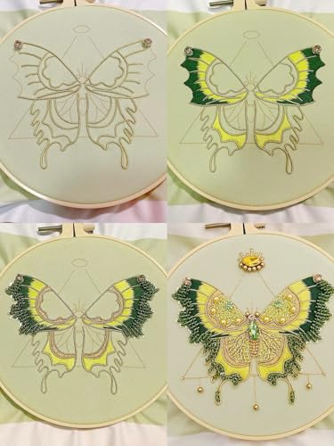 Craftreasure Embroidery Kit for Adults, Butterfly Embroidery Kit for Beginners Include Embroidery Beads Threads for Craft Lover Hand Stitch with Embroidery Skill Technique (Green - Easy)