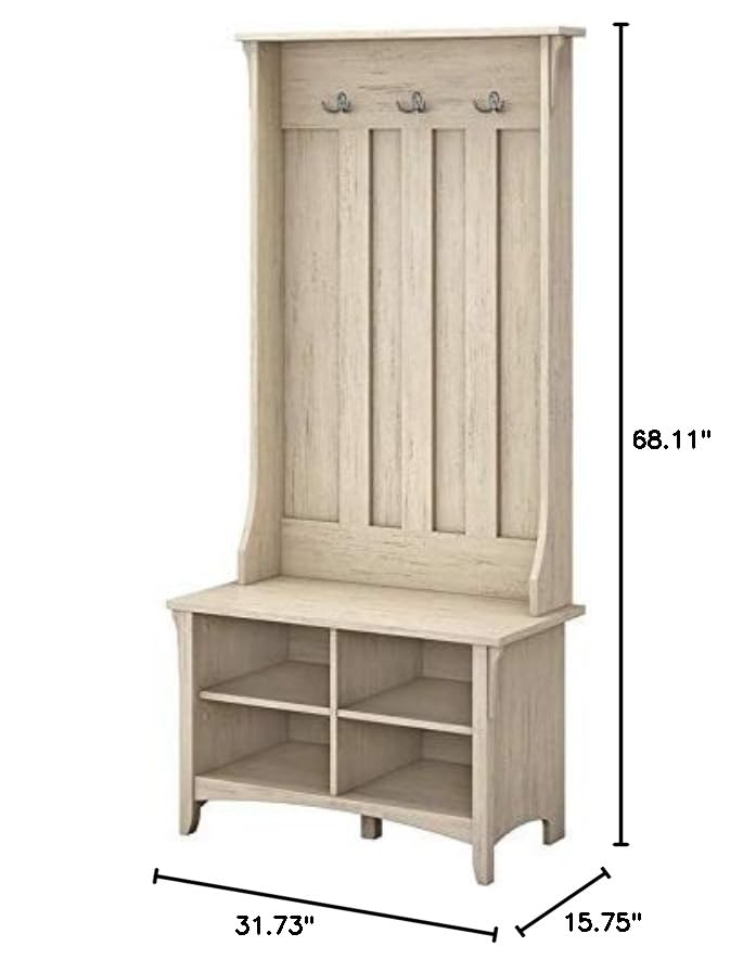 Bush Furniture Salinas Hall Tree with Shoe Storage Bench in Antique White, Multi-Purpose Home Organizer, Entryway Solution with Seating and Hooks Bush Business Furniture