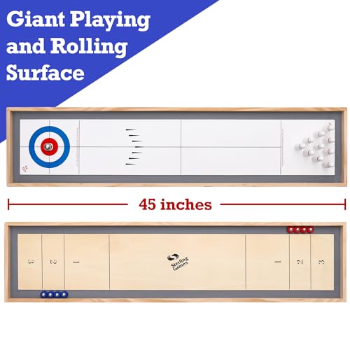 Sterling Games Tabletop Shuffleboard, Bowling and Curling 3 in 1 Combo Game Set, Two Sided Wooden Arcade Game Board with Pucks and Bowling Pins, a Table Top Game for Kids and Family STERLING