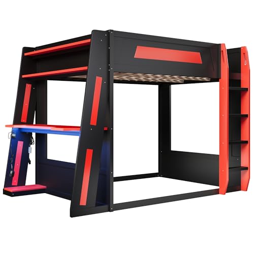 SOFTSEA Queen Size Gaming Bunk Bed with Desk, Storage Shelves, LED Lights & USB Ports, Wood Loft Bunk Bed with Desk and Ladder for Kids, Teens & Adults, Space-Saving, Black & Red SOFTSEA