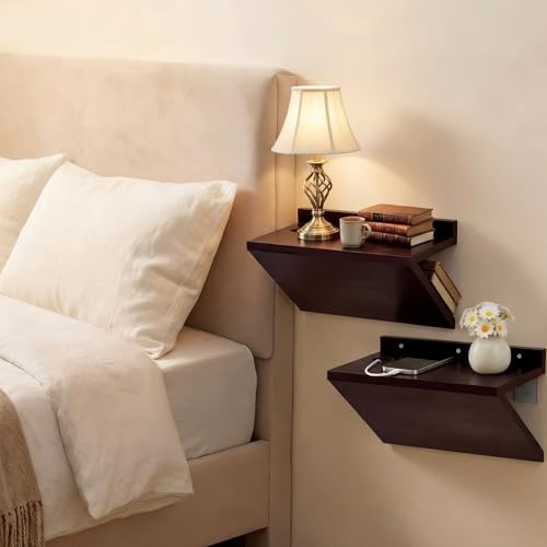 Fiwochic 2 Pack 13 x 7 x 5.5 Inch Floating Nightstand Wooden Bedside V Shape Wall Shelf Wall Mounted Hanging Floating Side Tables Bedroom for Bedroom, Living Room, Bathroom, Kitchen, Office Fiwochic