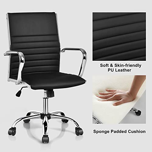 Giantex Ribbed Office Chair, Ergonomic Modern Leather Desk Chair with Adjustable Height & Arms, Swivel Mid Back Executive Conference Room Chairs for Meeting Room (4, Black) Giantex