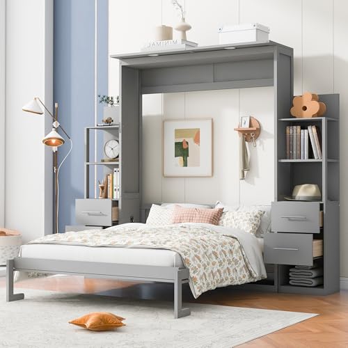 Ball & Cast Wall Bed Queen Size Murphy Beds with 2 Four-Layer Shelves and 4 Drawers,Wood Storage Hideaway Cabinet w/LED Lights,Space-Saving for Home Office,Study,Guest Room,Gray Ball & Cast