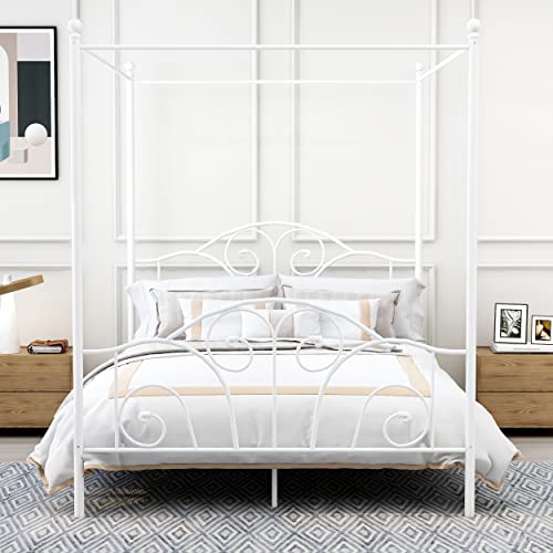 AUFANK Queen Size Four-Poster Metal Canopy Bed Frame with Headboard and Footboard Sturdy Slatted Structure No Box Spring Needed White