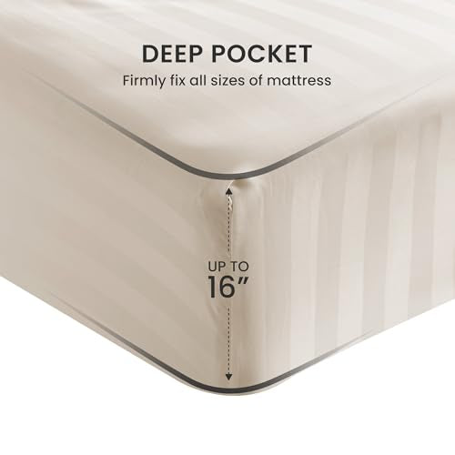 SLEEP ZONE Striped Cooling Twin Sheets Set for Kids - Fitted Flat Sheet & Pillowcase Sets 3 Piece - Super Soft Stripe Bed Sheet, Easy Care, Deep Pocket (Beige, Twin) SLEEP ZONE