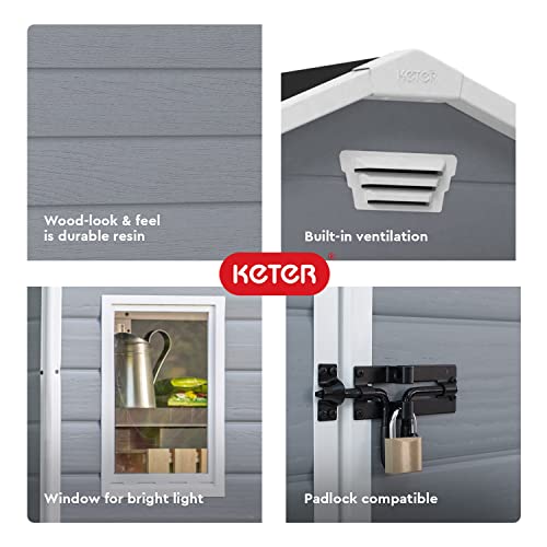 Keter Manor 4x6 Resin Outdoor Storage Shed Kit-Perfect to Store Patio Furniture, Garden Tools Bike Accessories, Beach Chairs and Lawn Mower, Grey & White KETER