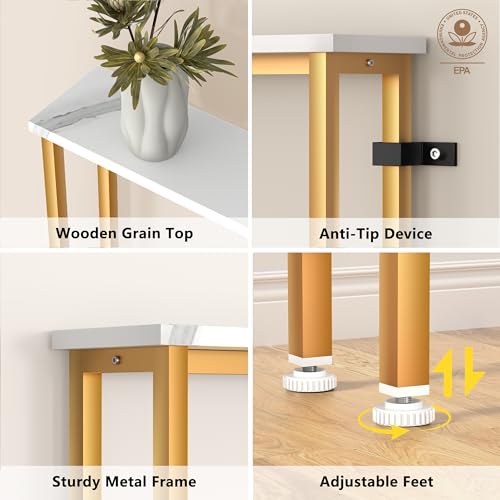 Keelian 78Inch Console Table with Outlet, Sofa Table with Charger,Skinny Hallway Table, Narrow Entryway Table,Table Behind Sofa,for Living Room,Gold & White Keelian