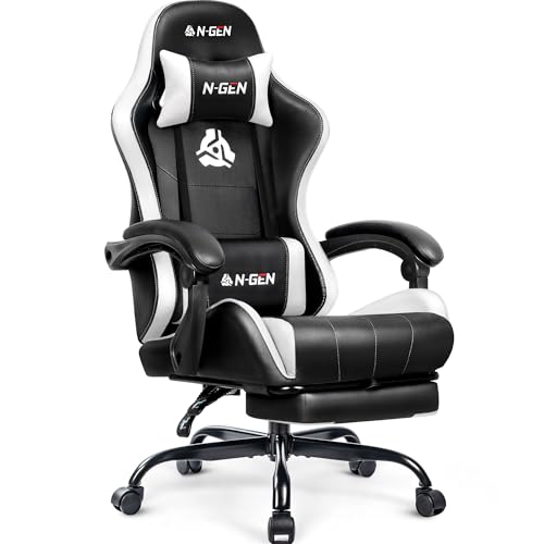 N-GEN GAMING Video Gaming Chair with Footrest Lumbar Support for Home Office High Back Recliner Height Adjustable Ergonomic Comfy Leather Computer Desk Chair (White) N-GEN GAMING